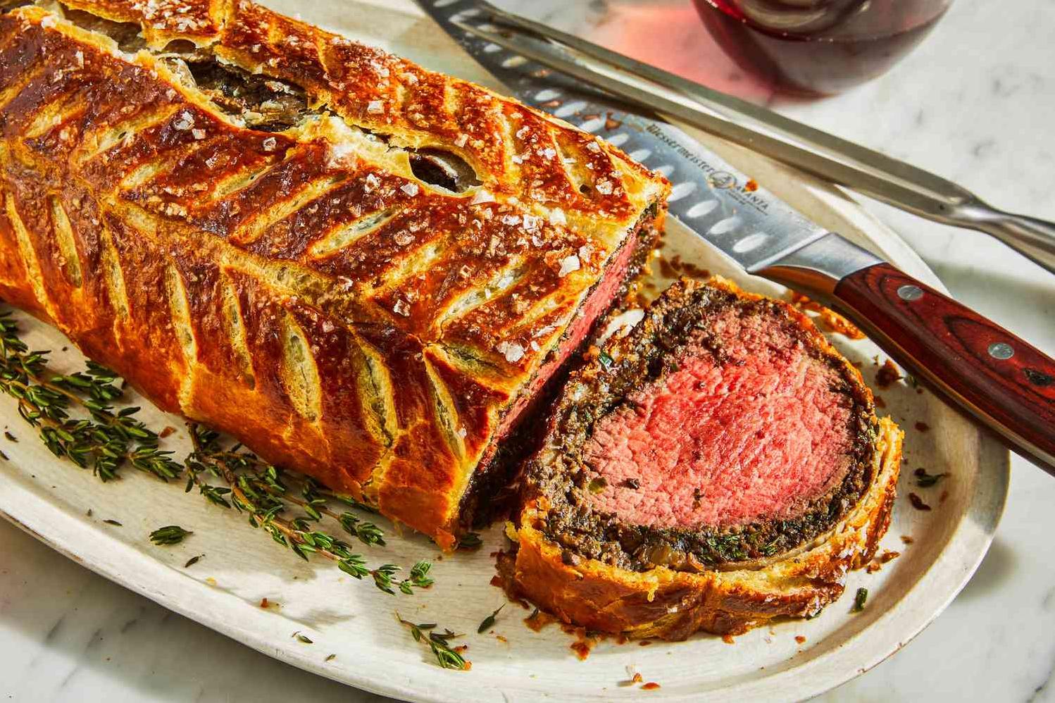  A cross-section of delectable Beef Wellington with a golden-brown crust