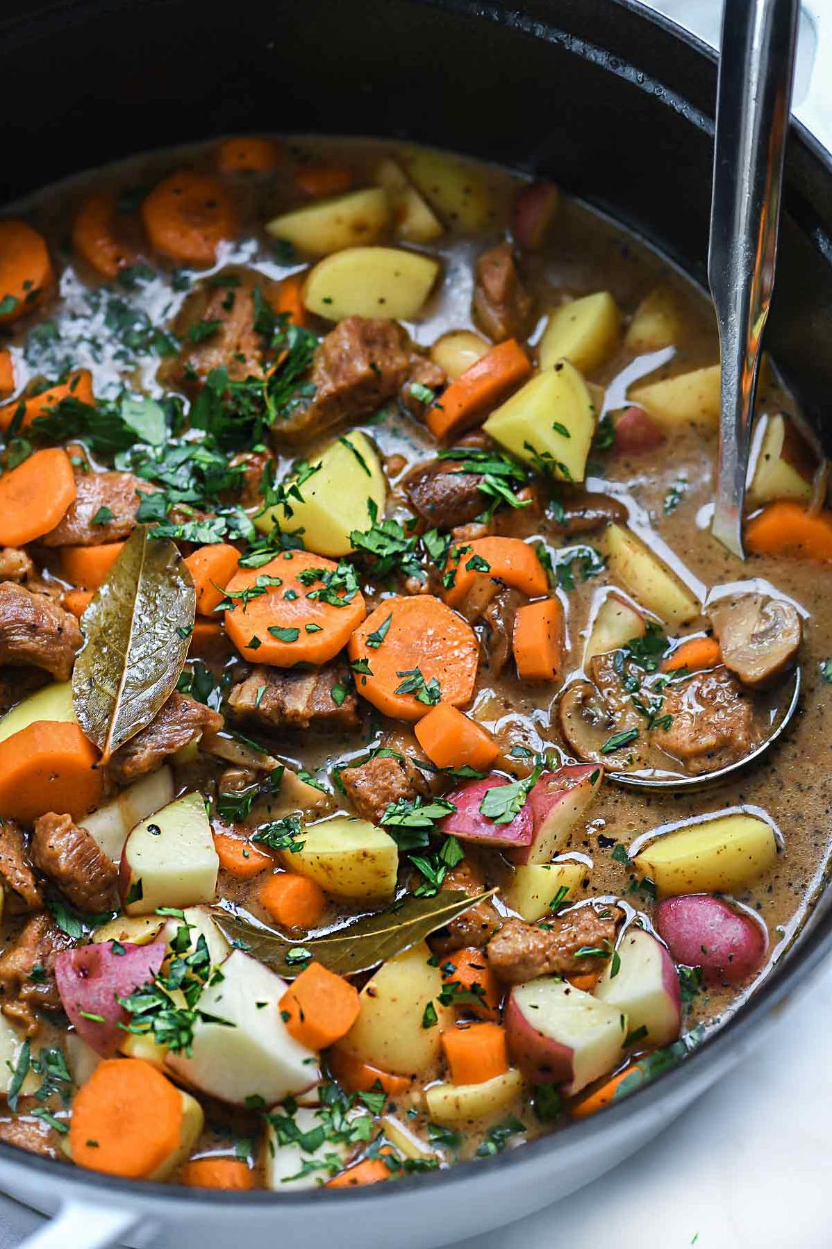  A hearty and flavorful Irish pork stew served with a side of delicious strudels!