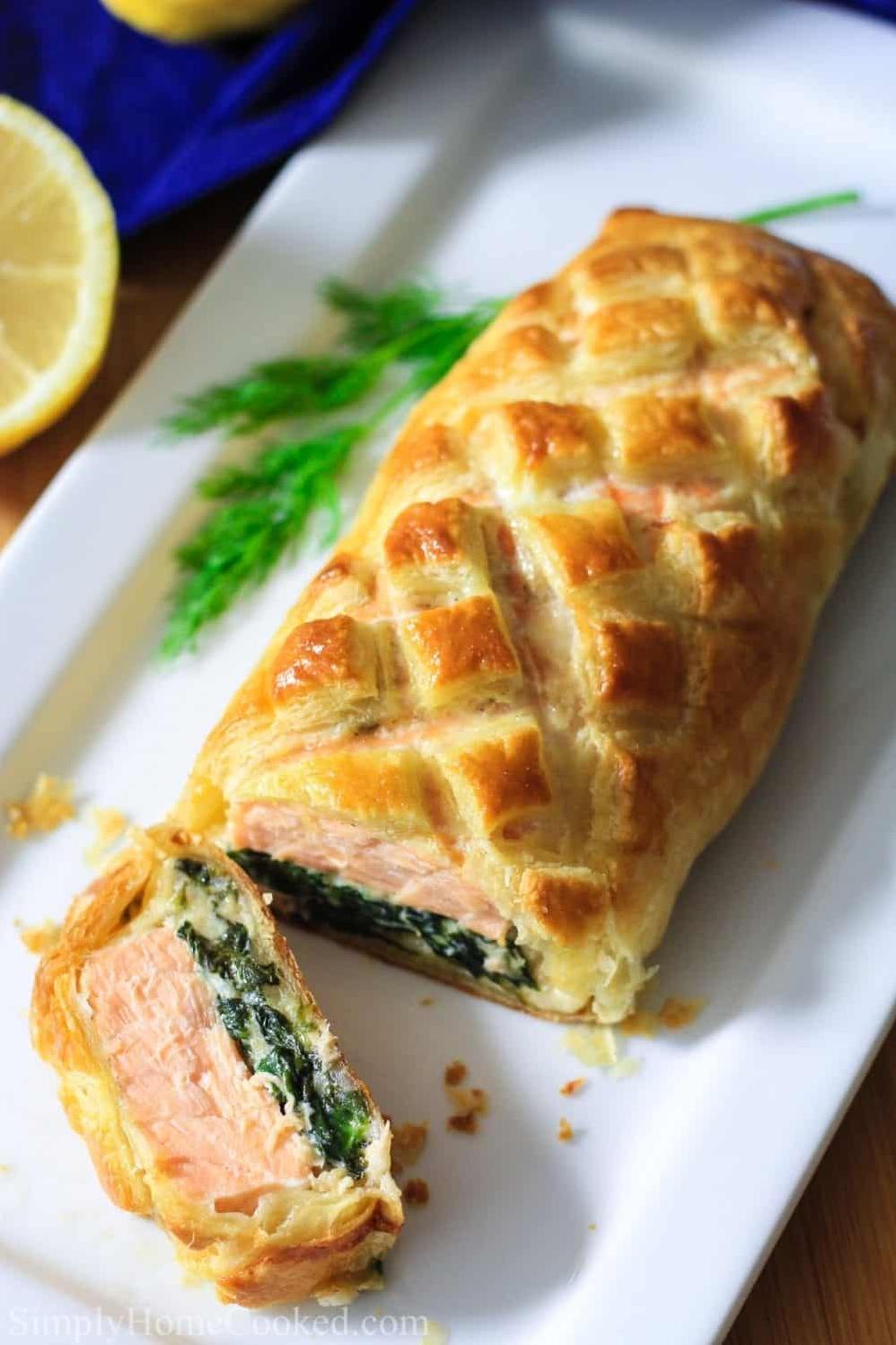  A scrumptious salmon fillet wrapped inside a golden pastry shell is a real showstopper!