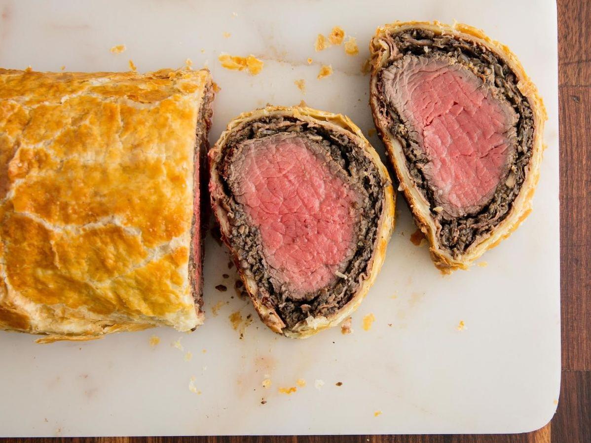 A slice of juicy beef tenderloin wrapped in flaky puff pastry