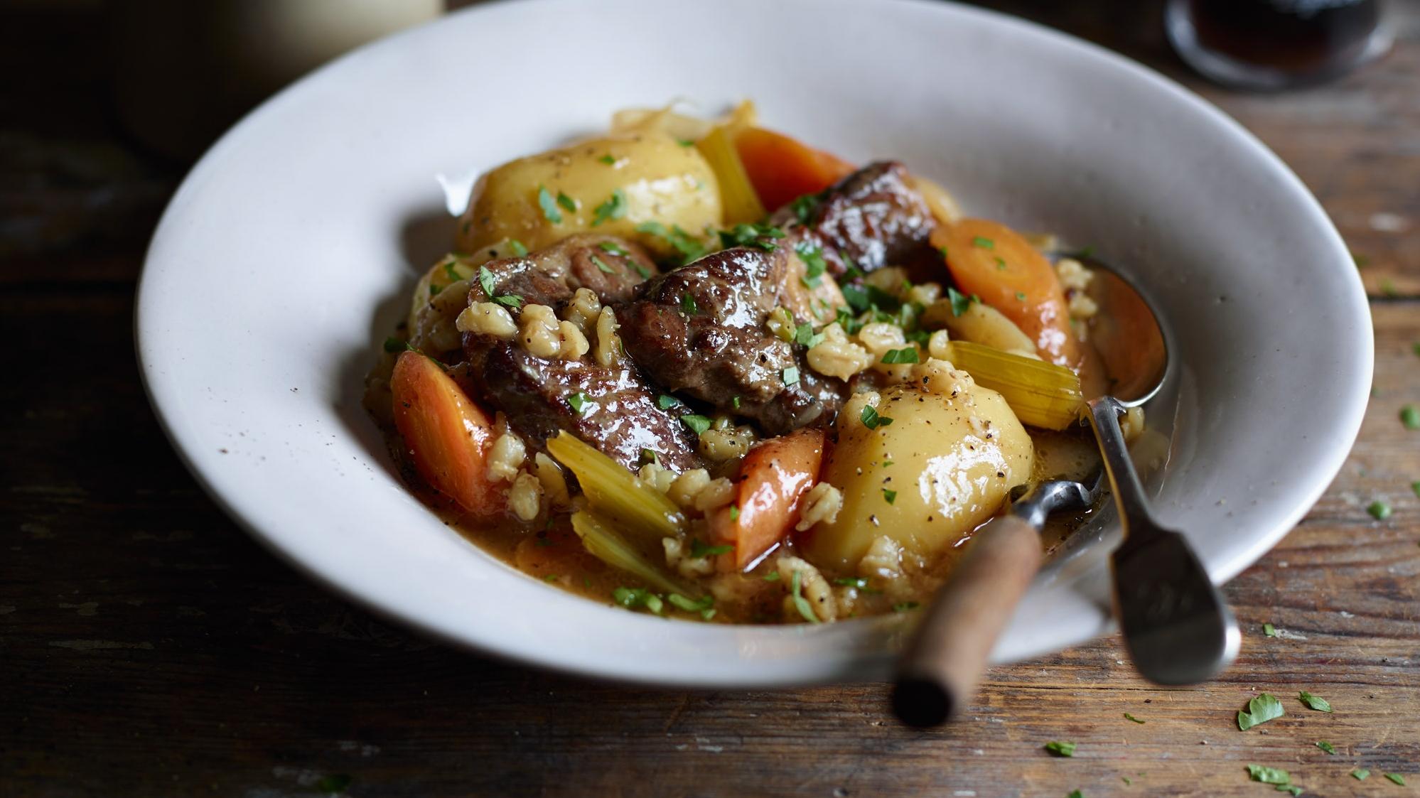  A steamy bowl of comfort: Irish stew with pearl barley.