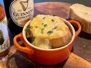 Guinness and Onion Soup With Irish Cheddar Crouton