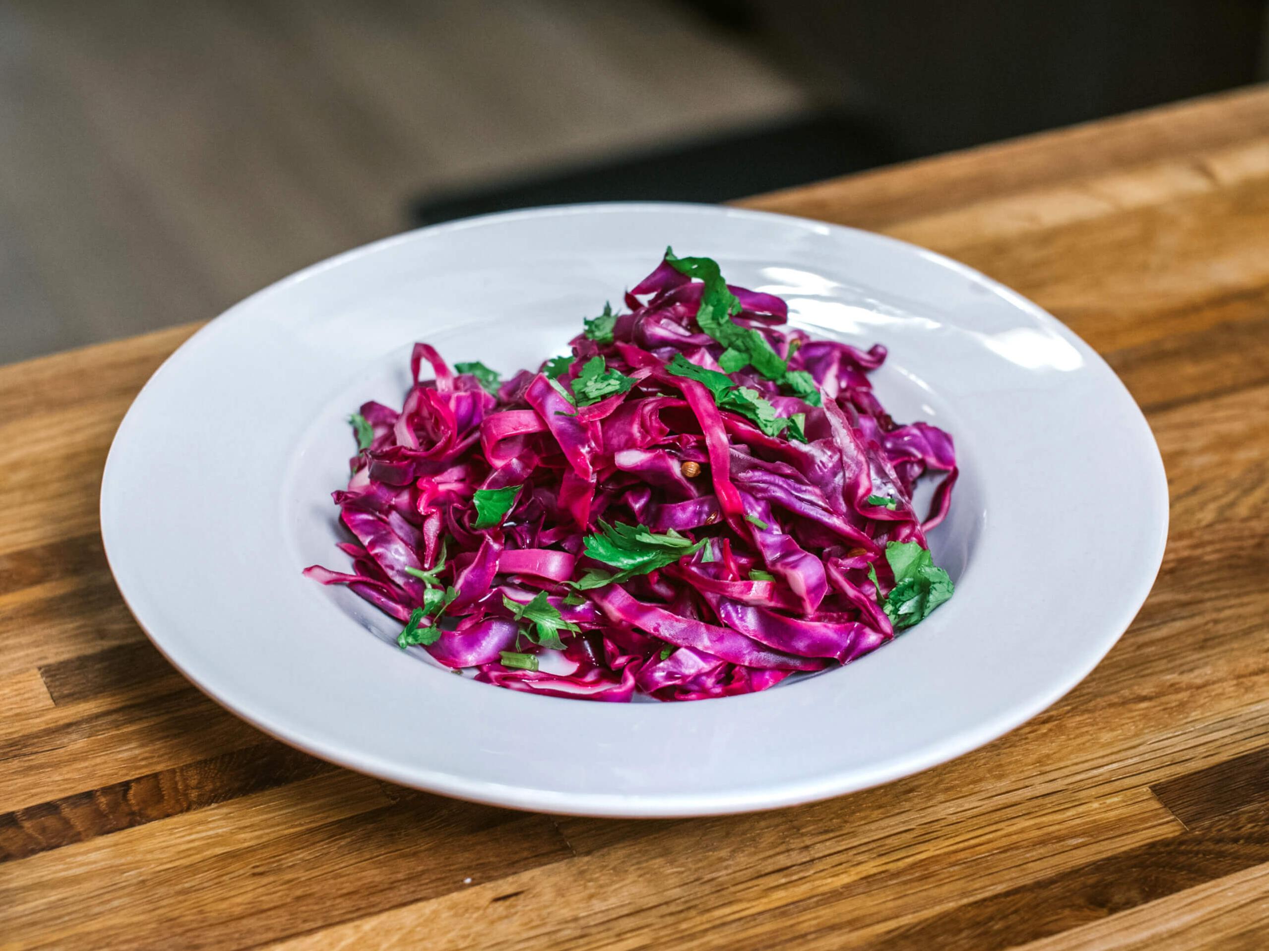  Perfectly tangy and crunchy, this pickled cabbage is a feast for the senses.