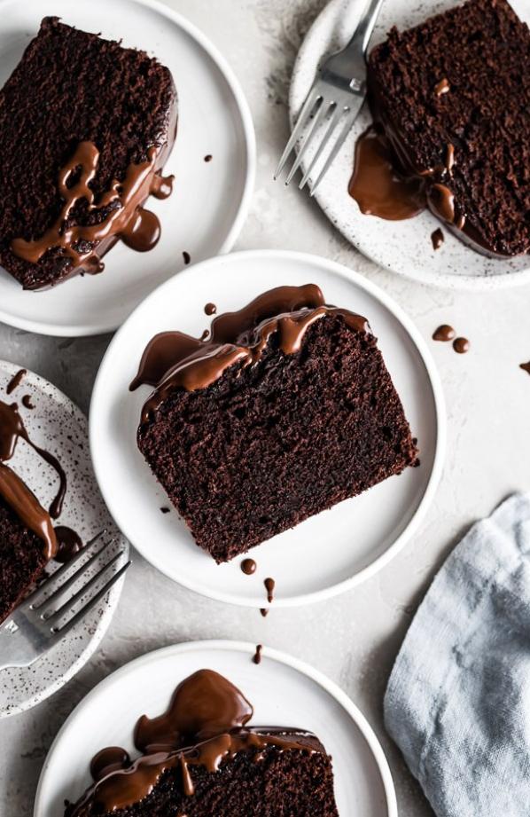  Rich and velvety dark chocolate pound cake with a dusting of powdered sugar