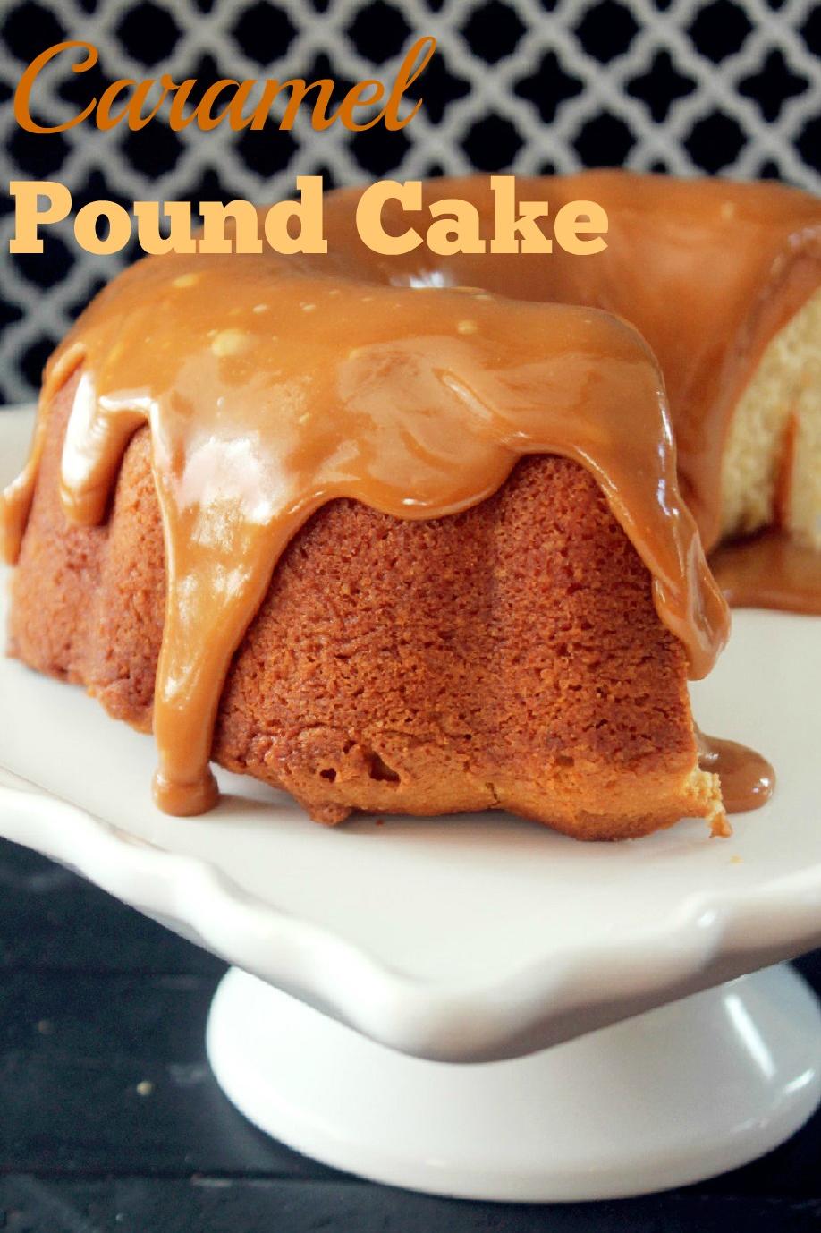 Sweet and gooey caramel drizzle dripping down the sides of this buttery pound cake.