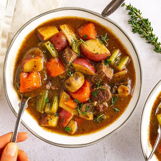  Tender chunks of beef, potatoes, carrots, and onions cooked to perfection in a savory broth.