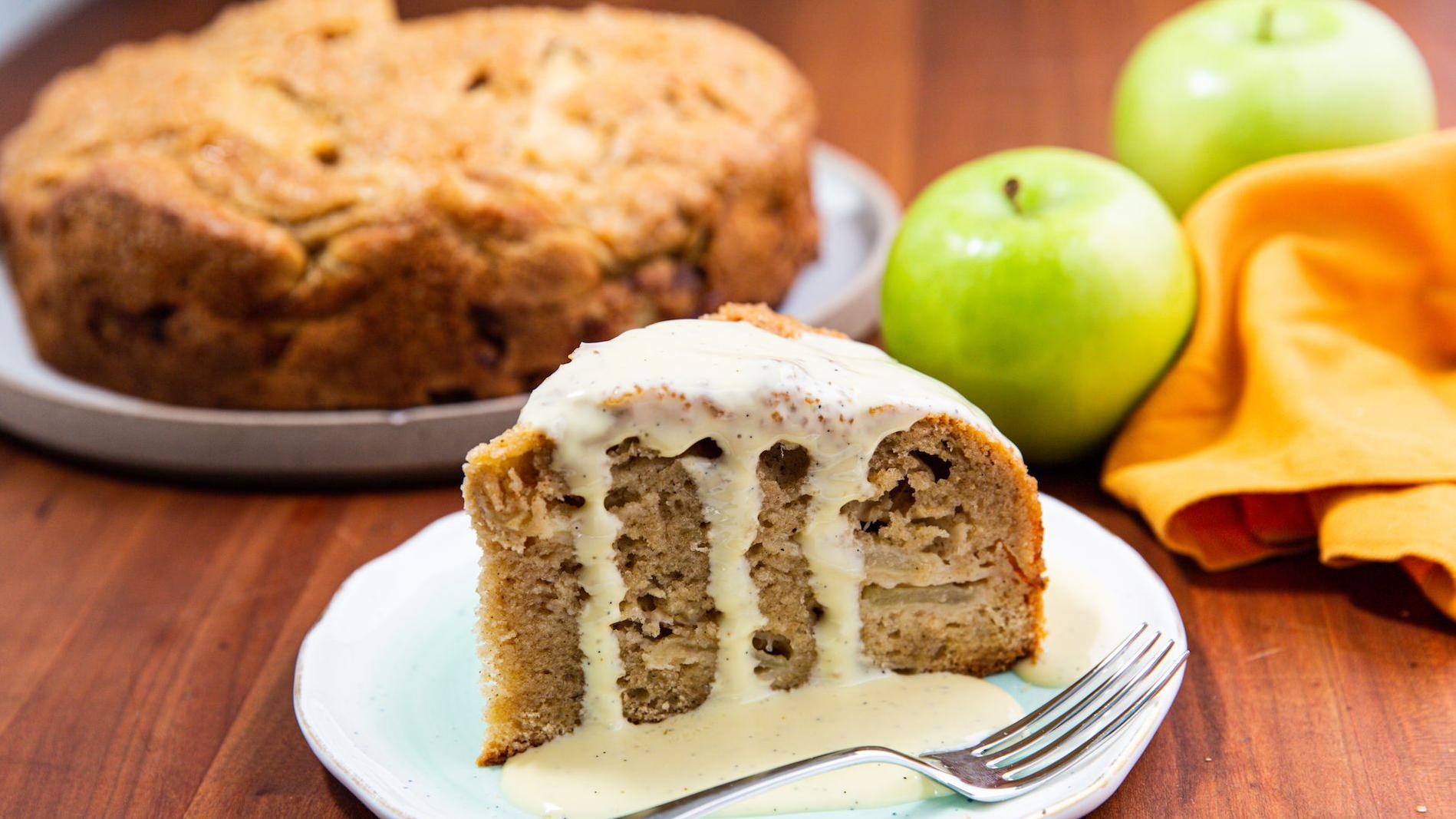  The apples add a sweet-tart crunch to the cake's pillowy layers, making it the perfect balance.