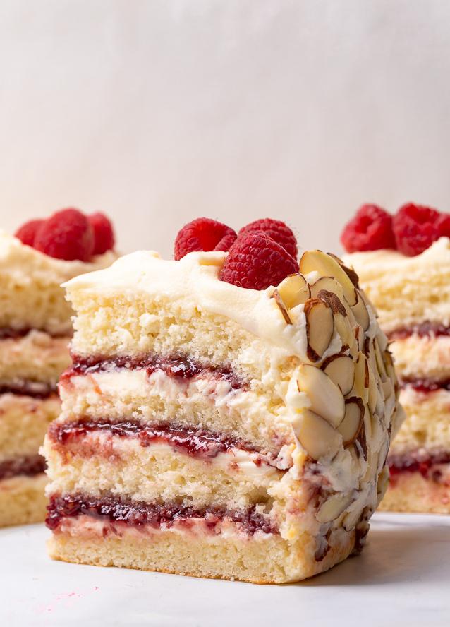  The beautiful color from fresh raspberries adds a pop of color to this stunning dessert.