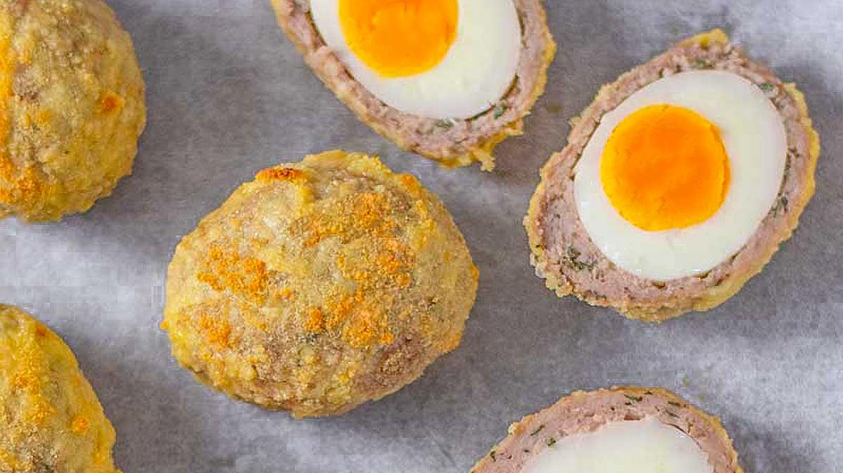 These Scotch eggs are baked until crispy and golden brown, no need to deep fry.