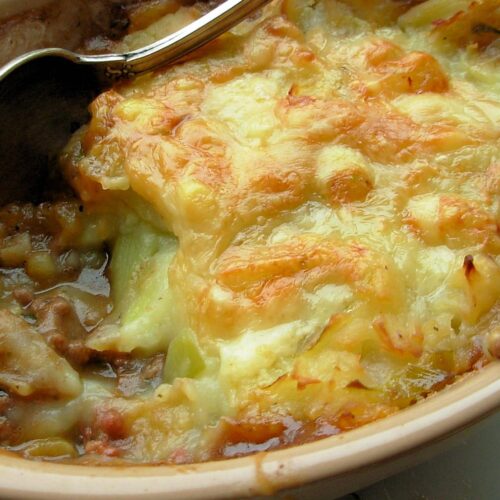 Traditional English Cottage Pie With Cheese and Leek Topping